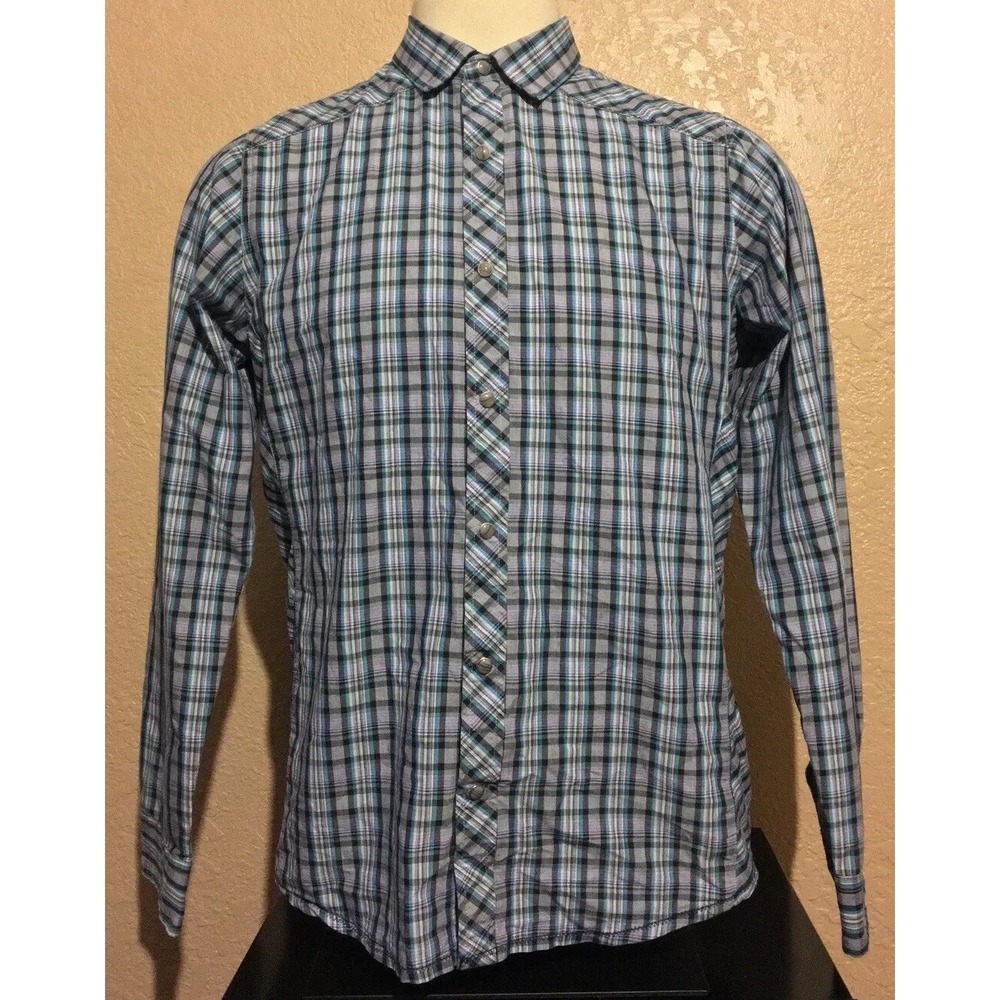 Prana Men's Size Medium SLIM FIT Pearl Snap Blue Black Plaid Long Sleeve Shirt M